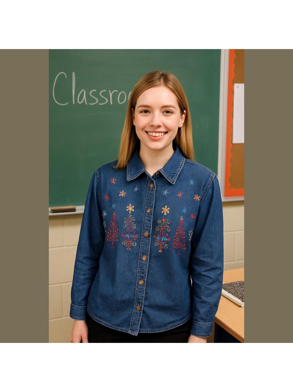 New Directions Blue Denim Embroidered Shirt cottagecore granny grandma